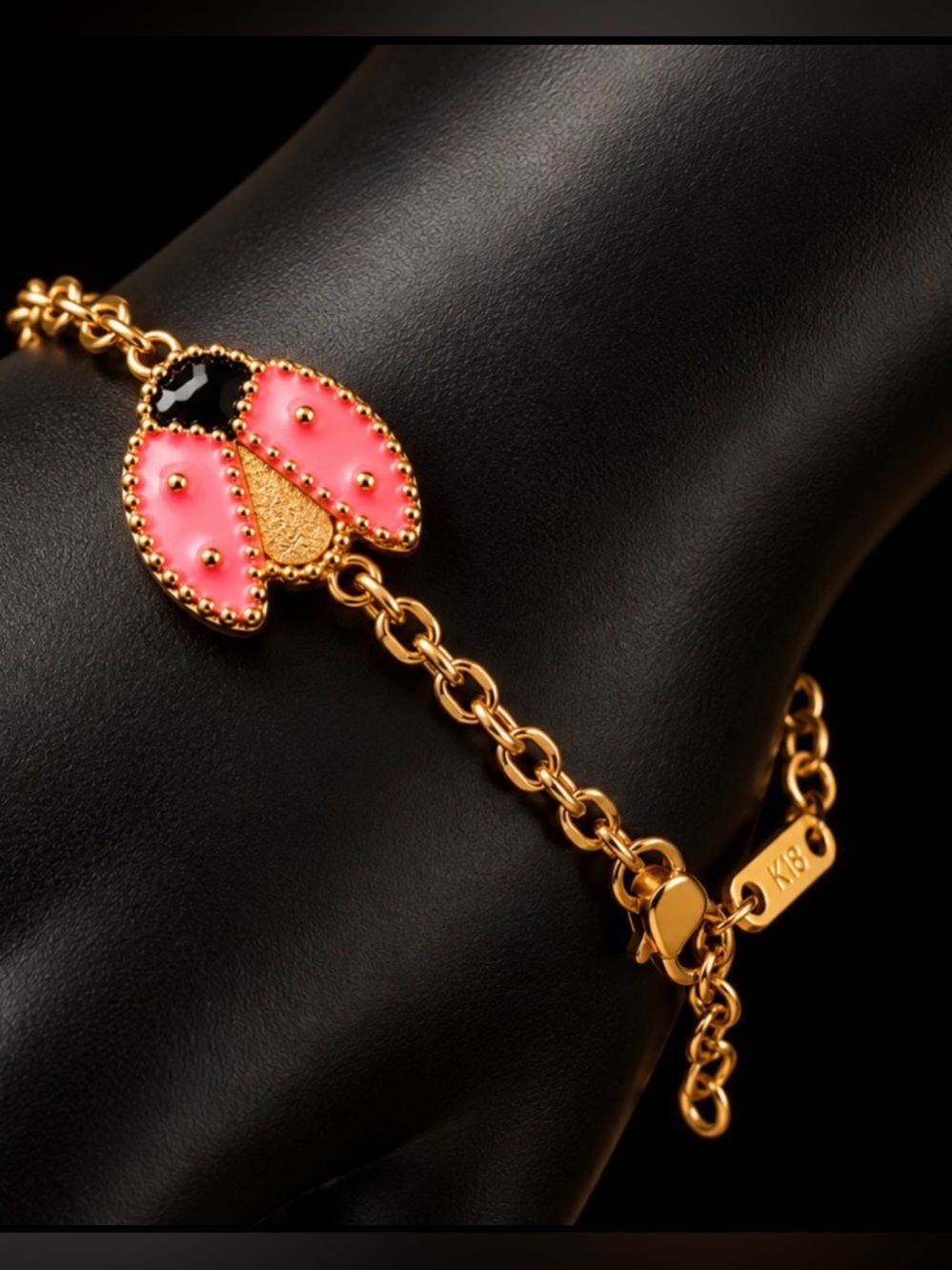 Gold Pink Ladybug Charm Bracelet - Women's Jewelry